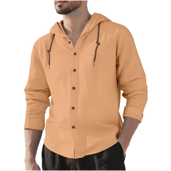 Rvwovn Men's Lightweight Button-Down Shirt, Casual Hooded Hawaiian Beach Long Sleeve Top, Coton-Linen Blend