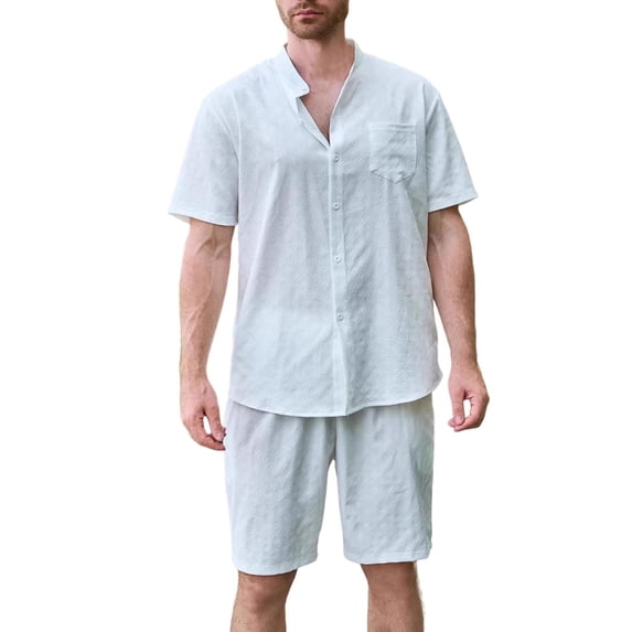 Rvwovn Men's Lightweight Summer Outfit, Textured Button Down Shirt & Shorts Set for Vacation & Beach