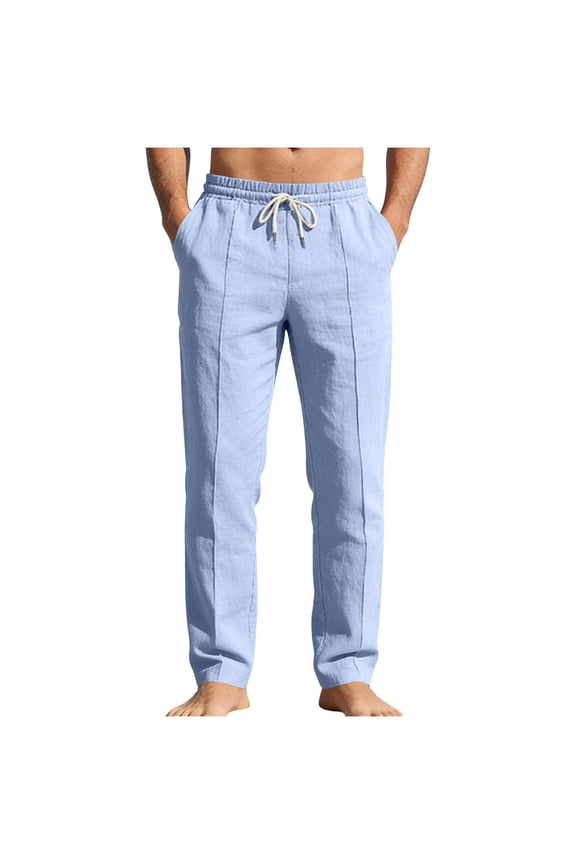 Men's Linen-Blend Casual Pants - Lightweigh Elastic Waistband with Drawstring for Summer & Beach
