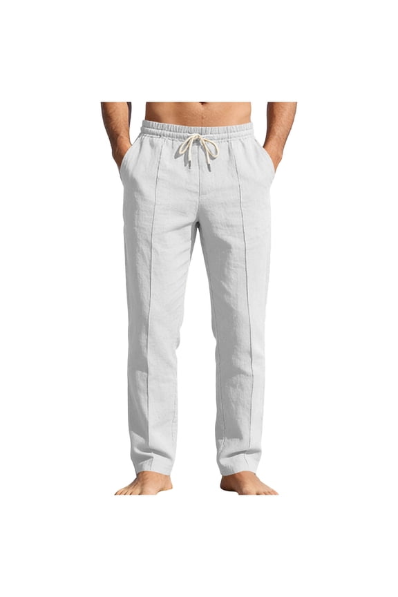 Men's Linen-Blend Casual Pants - Lightweigh Elastic Waistband with Drawstring for Summer & Beach