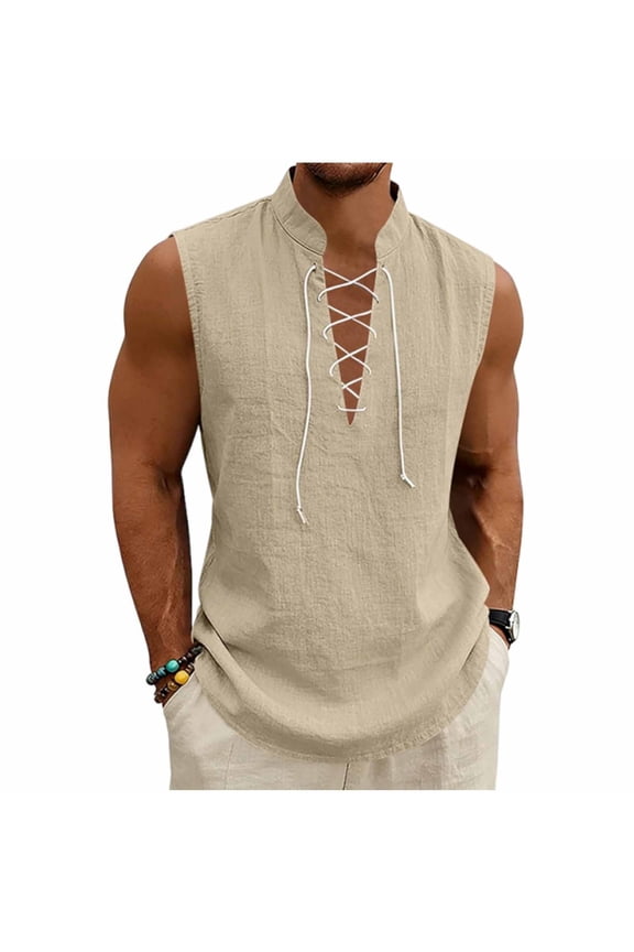 Men's Linen Blend Sleeveless Henley Shirt, Lace-Up Deep V-Neck Stand Collar Casual Summer Tank Top