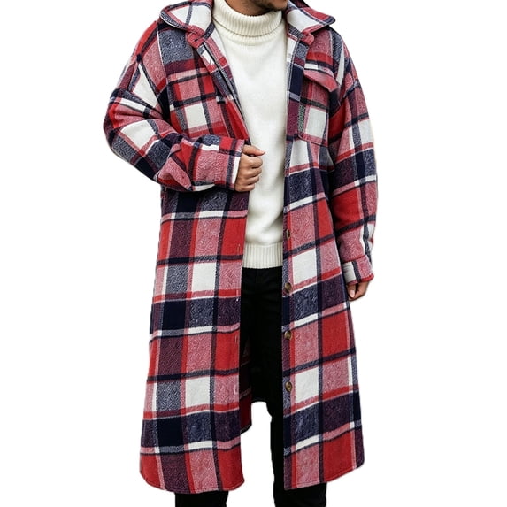 Rvwovn Men's Long Plaid Button Down Shacket Casual Flannel Shirt Jacket Fall Winter Outerwear