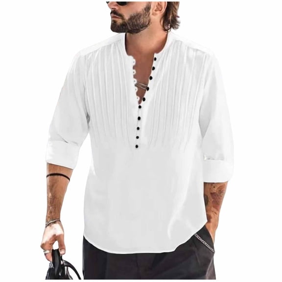 Rvwovn Men's Long Sleeve Henley Shirt, Lightweight Breathable Linen-Cotton Blend Top for Summer Vacation Outfits