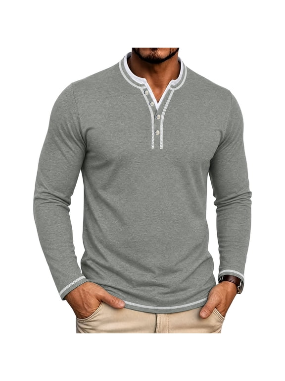Men's Long Sleeve Henley T-Shirt Contrast Trim Ringer Soft Casual Daily Tee for Fall & Spring