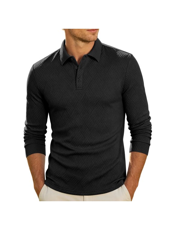 Men's Long Sleeve Textured Shirt 3-Button Placket Ribbed Cuffs Classic Collar Fall Top