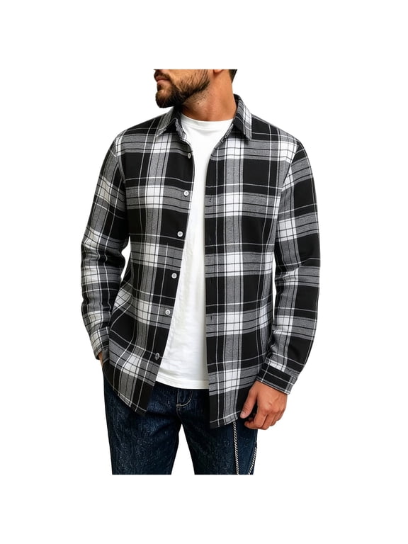 Men's Plaid Flannel Long Sleeve Shirt Collar Button Front Vintage Casual Fall Layering Top