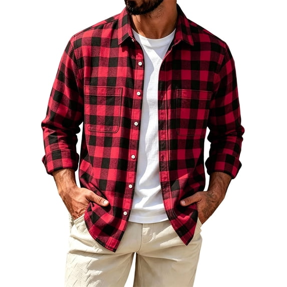 Rvwovn Men's Plaid Long Sleeve Shirt Check Button Down Casual Pocket Overshirt Spring Fall Outerwear