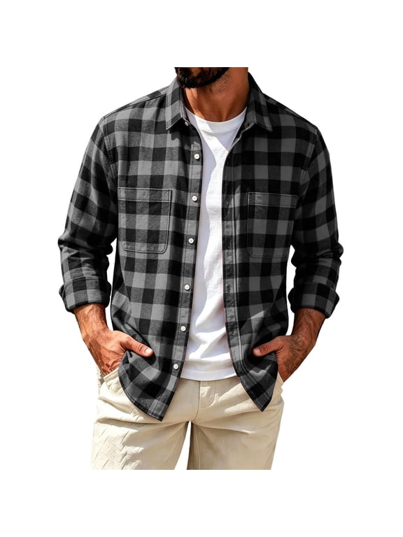 Men's Plaid Long Sleeve Shirt Check Button Down Casual Pocket Overshirt Spring Fall Outerwear