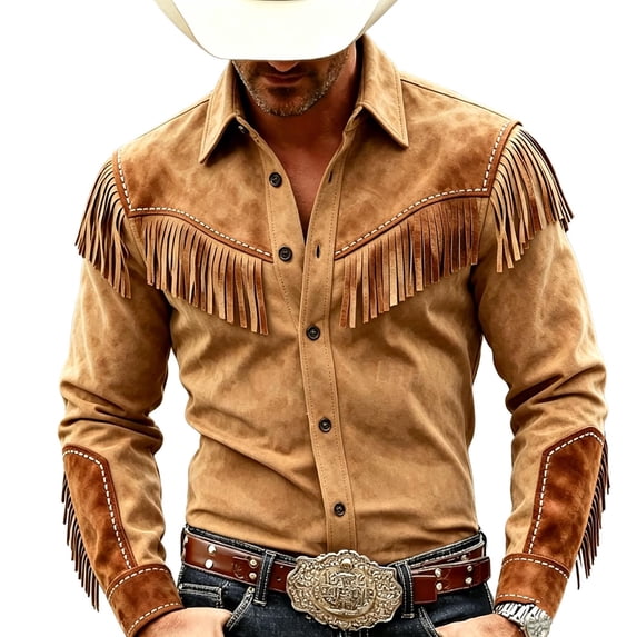 Rvwovn Men's Retro Cowboy Fringe Shirt, Long Sleeve Button-Down, Vintage Western Wear Top