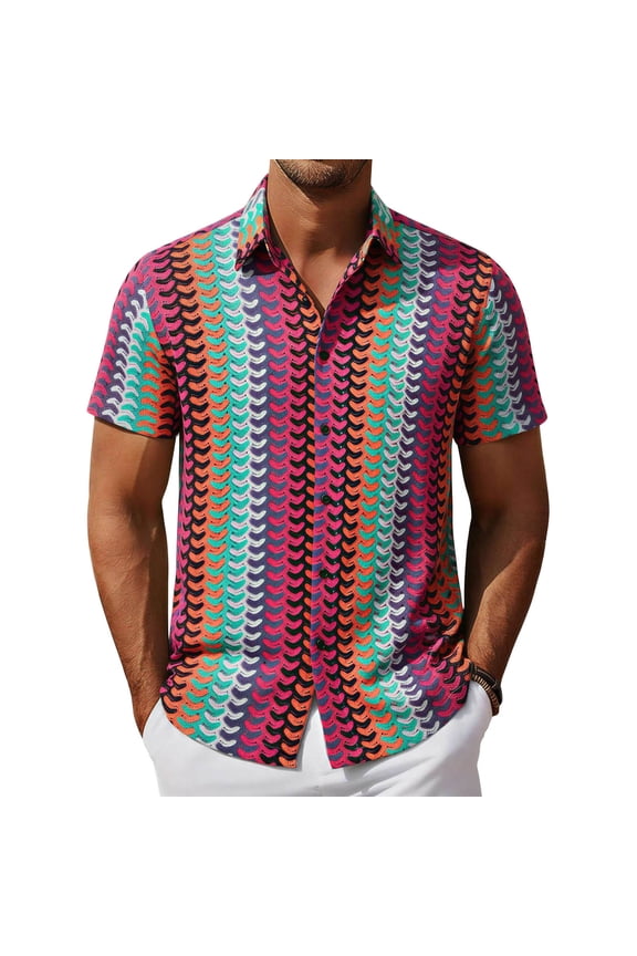 Men’s Retro Striped Short Sleeve Button-Down Shirt, Vintage Casual Camp Collar Knit Top