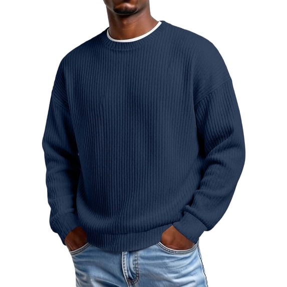 Rvwovn Men's Ribbed Crewneck Sweater Long Sleeve Thick Thermal Loose Fit Fall Winter Pullover Top