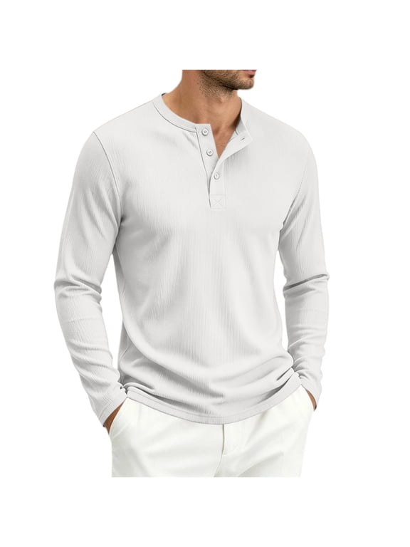 Men's Ribbed Knit Henley T-Shirt 3 Button Placket Long Sleeve Stretch Comfy Everyday Tee Tops
