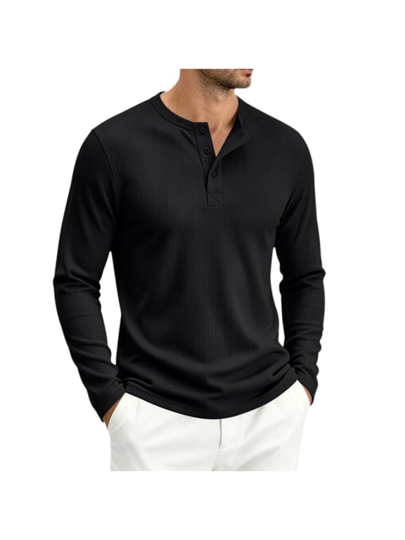 Men's Ribbed Knit Henley T-Shirt 3 Button Placket Long Sleeve Stretch Comfy Everyday Tee Tops
