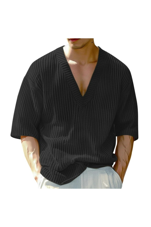 Men's Ribbed Knit Sweaters Deep V Neck Half Sleeve Pullover Casual T-Shirts