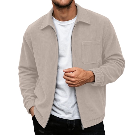 Rvwovn Men's Ribbed Trucker Jacket Full Zip Lapel Collar Corduroy Fall Outerwear for Daily Wear