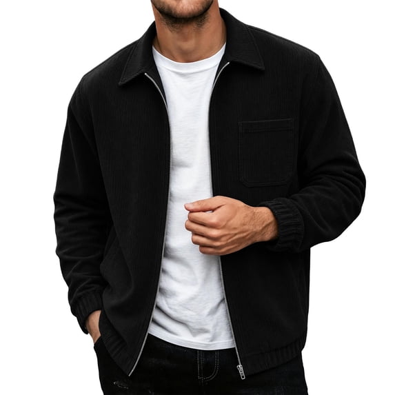Rvwovn Men's Ribbed Trucker Jacket Full Zip Lapel Collar Corduroy Fall Outerwear for Daily Wear