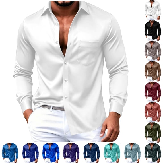 Rvwovn Men's Satin Long Sleeve Button Up Dress Shirt with Chest Pocket for Prom Wedding Club Events