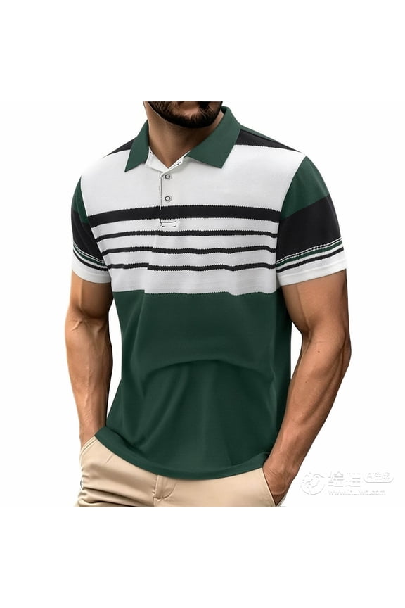 Men's Short Sleeve Collared Shirt, Color Block Striped 2-Button Placket Top for Daily and Business Wear