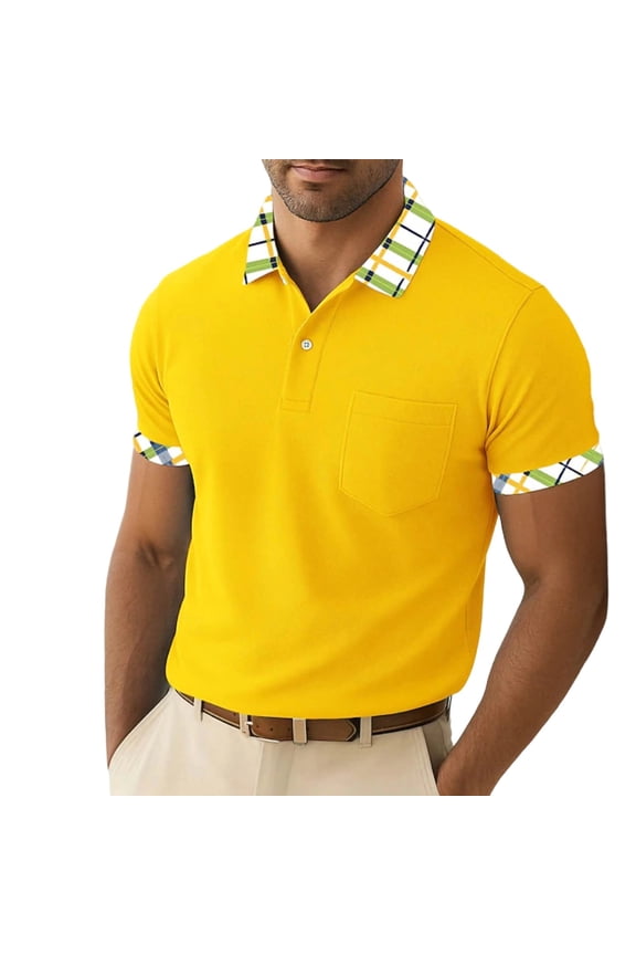 Men's Short Sleeve Collared Shirt with Plaid Trim, Chest Pocket Button Placket, Summer Breathable Top