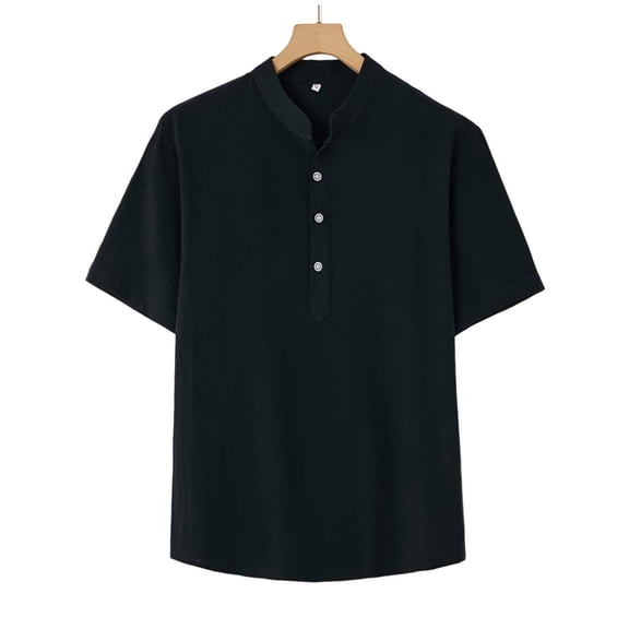 Rvwovn Men's Short Sleeve Henley Shirt - Lightweight Linen Cotton Blend, Casual Band Collar Top