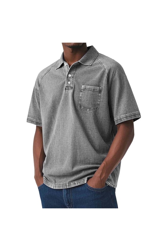 Men's Short Sleeve Henley T-Shirt, Acid-Washed Distressed Casual Collared Top with Pockets