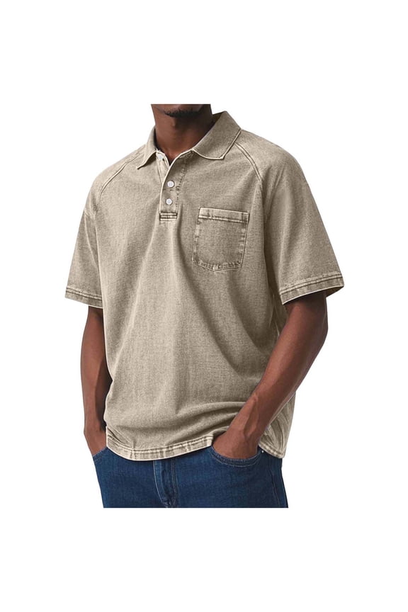 Men's Short Sleeve Henley T-Shirt, Acid-Washed Distressed Casual Collared Top with Pockets