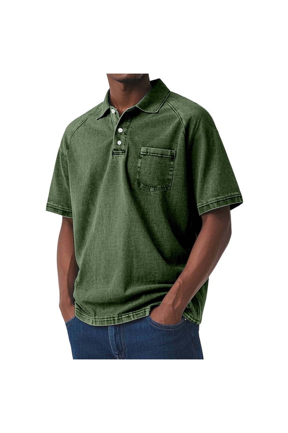 Men's Short Sleeve Henley T-Shirt, Acid-Washed Distressed Casual Collared Top with Pockets