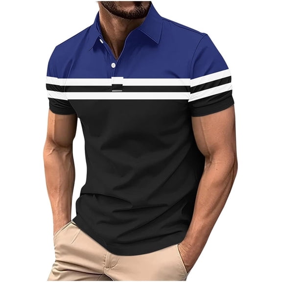 Rvwovn Men's Short Sleeve Striped Shirts - Color Block Golf Collared Casual Summer Slim Tees