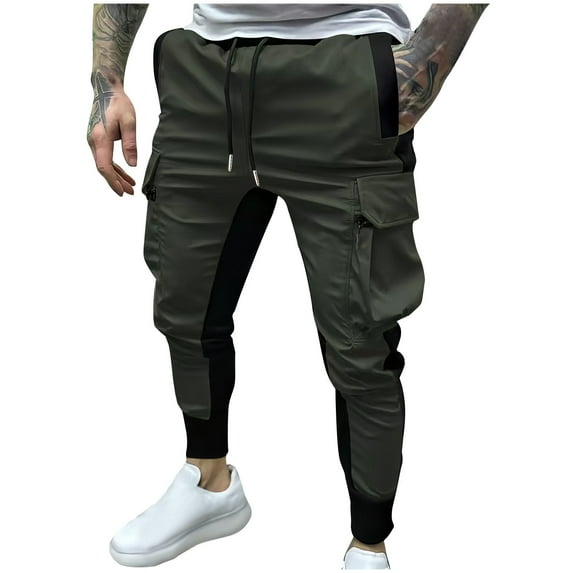 Rvwovn Men's Skinny Tapered Joggers, Side Pockets Cargo Sweatpants with Drawstring Casual Jogging Wear
