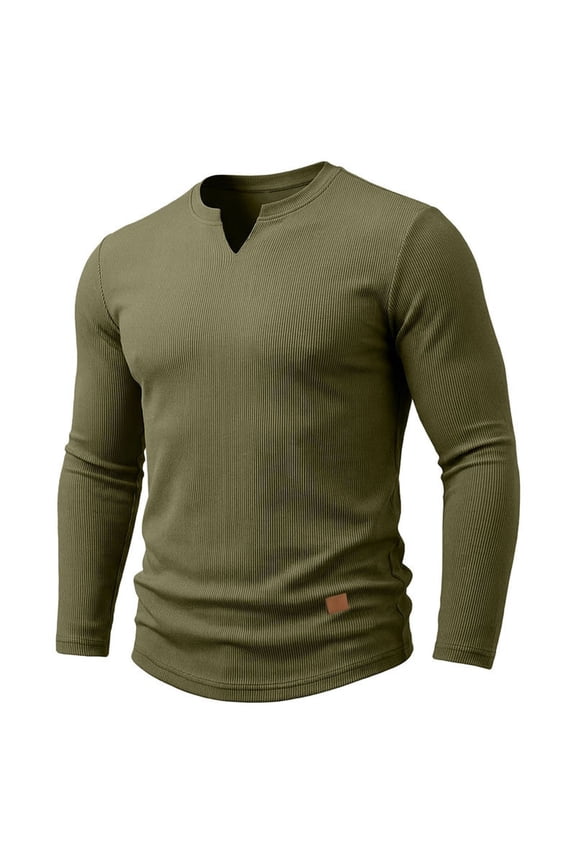 Men's Slim Fit Ribbed Long Sleeve T-Shirt - Split V-Neck Basic Tee, Stretchy Casual Tee for Fall Layering