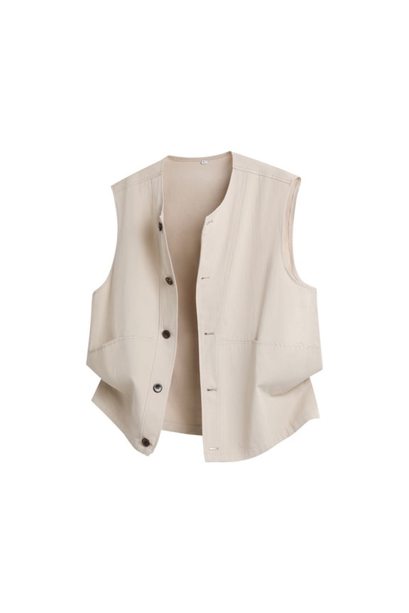 Men's Solid Color Round Neck Button Pocket Work Tank Top Casual Sleeveless Waistcoat