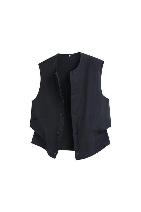 Men's Solid Color Round Neck Button Pocket Work Tank Top Casual Sleeveless Waistcoat