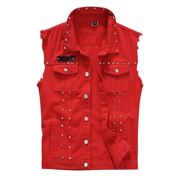 Rvwovn Men's Punk Studded Denim Vest Slim Fit Lapel Ripped Retro Jean Jackets for Rocker Casual