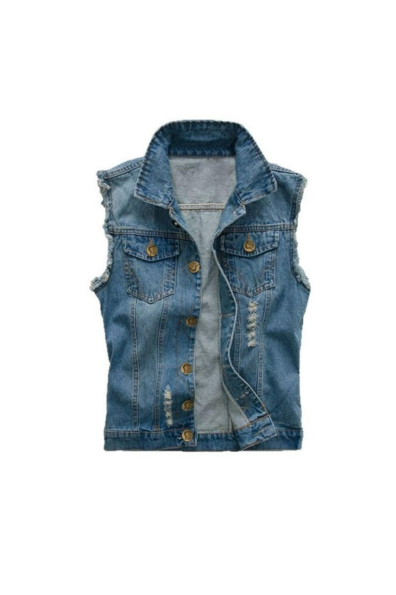 Men's Punk Studded Denim Vest Slim Fit Lapel Ripped Retro Jean Jackets for Rocker Casual