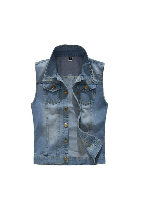 Men's Punk Studded Denim Vest Slim Fit Lapel Ripped Retro Jean Jackets for Rocker Casual