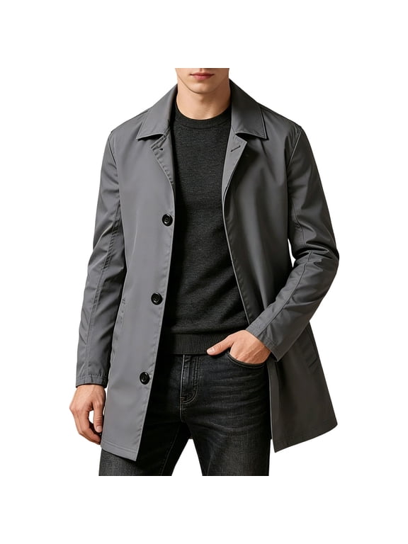 Men's Spring Fall Lightweight Trench Coat Mid-Length Single Breasted Collared Casual Coat