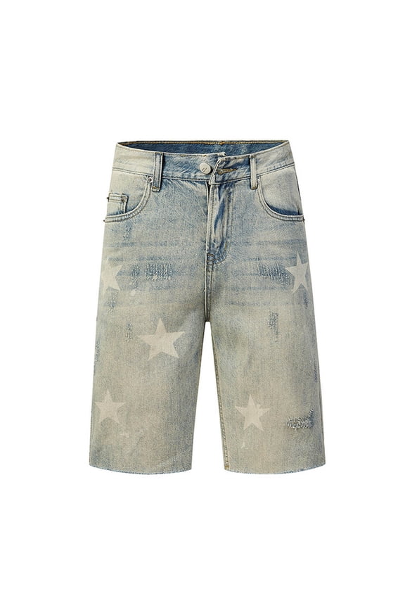 Men's Star Graphic Jorts - Baggy Knee Length Washed Distressed Streetwear Denim Shorts