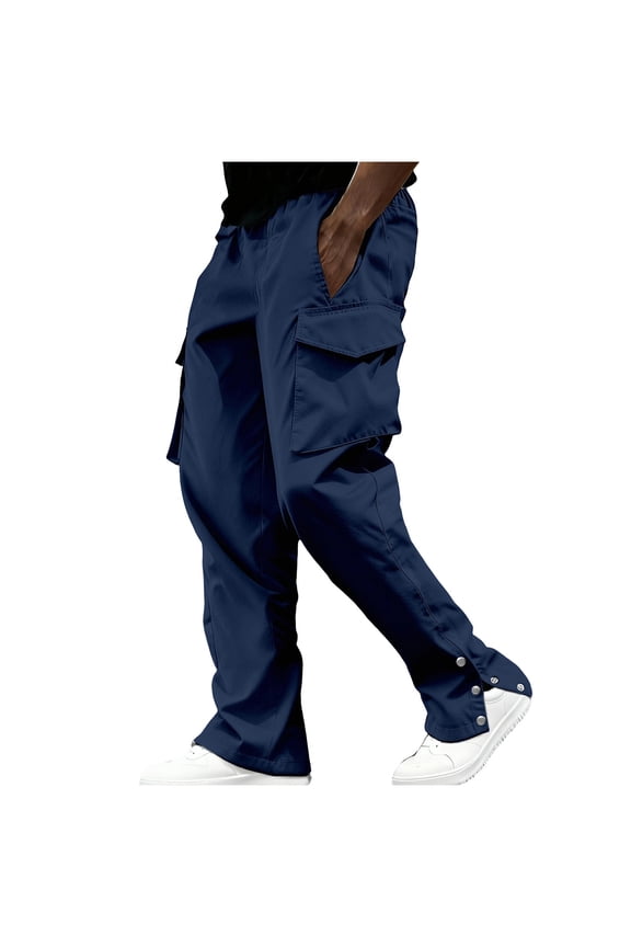 Men's Straight Leg Cargo Pants, Split Snap Hem Work Trousers with Drawstring for Daily Wear