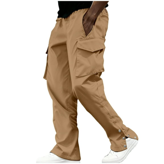 Rvwovn Men's Straight Leg Cargo Pants, Split Snap Hem Work Trousers with Drawstring for Daily Wear
