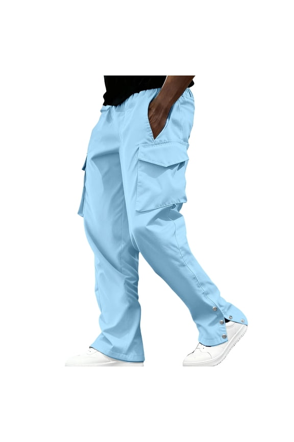Men's Straight Leg Cargo Pants, Split Snap Hem Work Trousers with Drawstring for Daily Wear