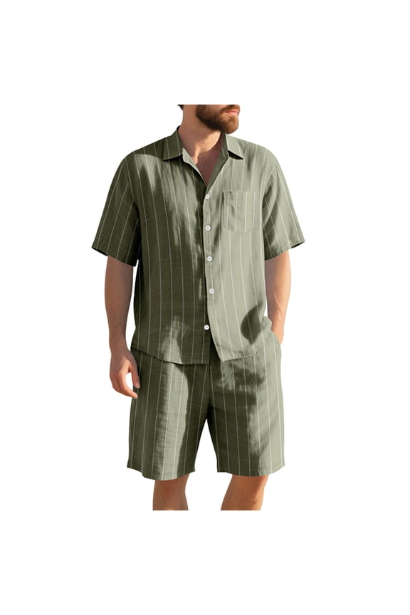 Men's Striped Shirt and Shorts Matching Set Lightweight Cotton Linen Blend for Casual Summer