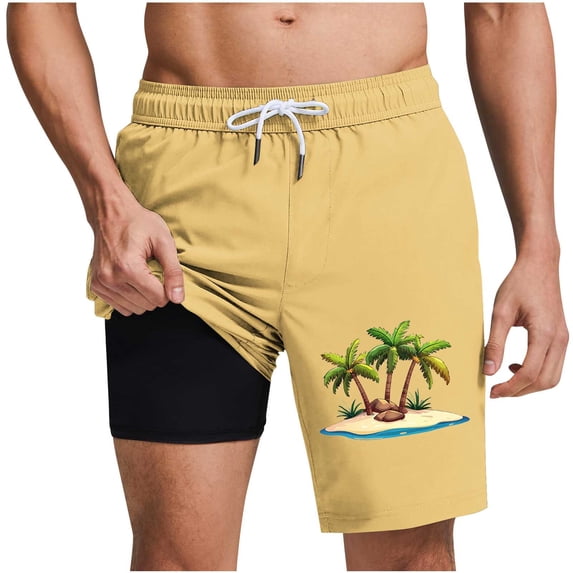 Rvwovn Men's Swim Trunks with Compression Liner, Tropical Palm Tree Print Quick Dry Board Shorts