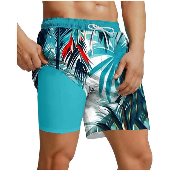 Rvwovn Men's Swim Trunks with Compression Liner - Tropical Print Elastic Waist for Beach Board