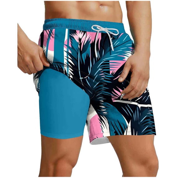 Rvwovn Men's Swim Trunks with Compression Liner - Tropical Print Elastic Waist for Beach Board