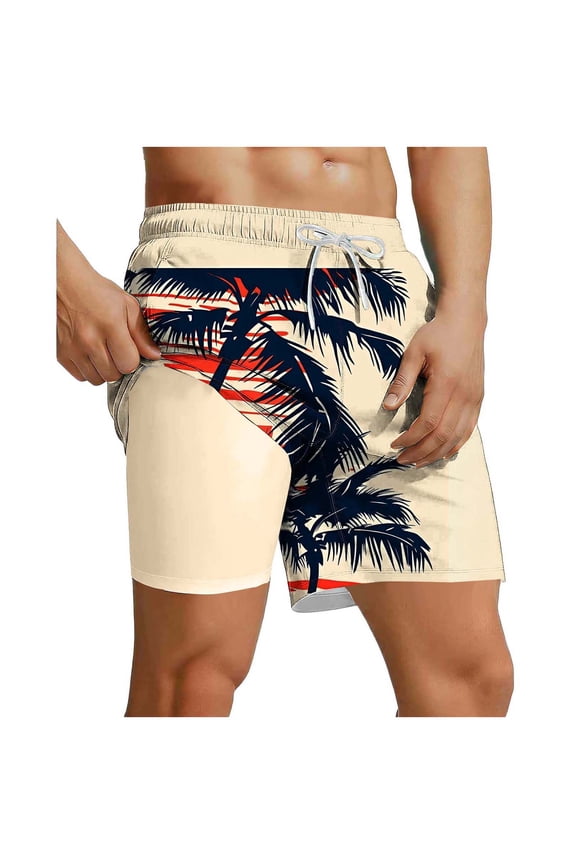 Men's Swim Trunks with Compression Liner - Tropical Print Elastic Waist for Beach Board