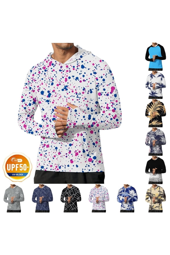 Men's UPF 50+ Long Sleeve Hooded Rash Guard, Sun Protection Quick Dry Swim Shirt with Thumb Holes