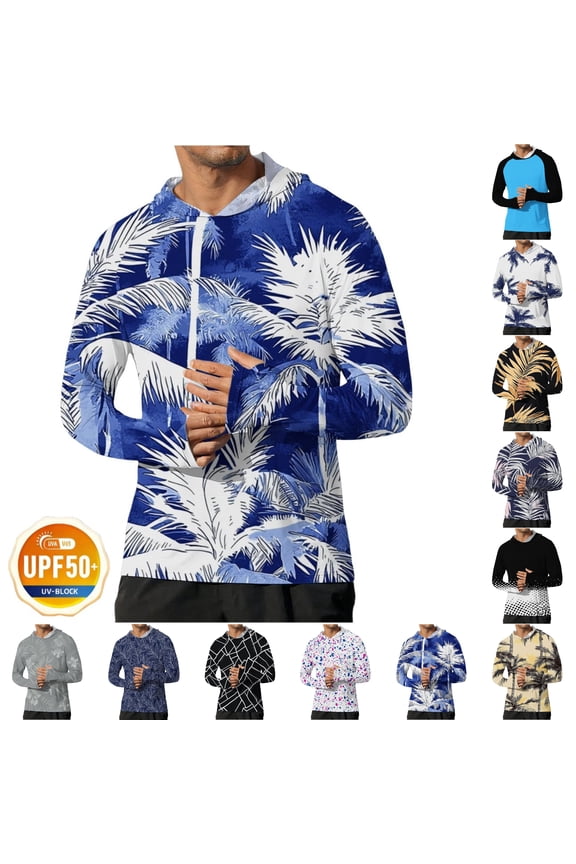 Men's UPF 50+ Long Sleeve Hooded Rash Guard, Sun Protection Quick Dry Swim Shirt with Thumb Holes