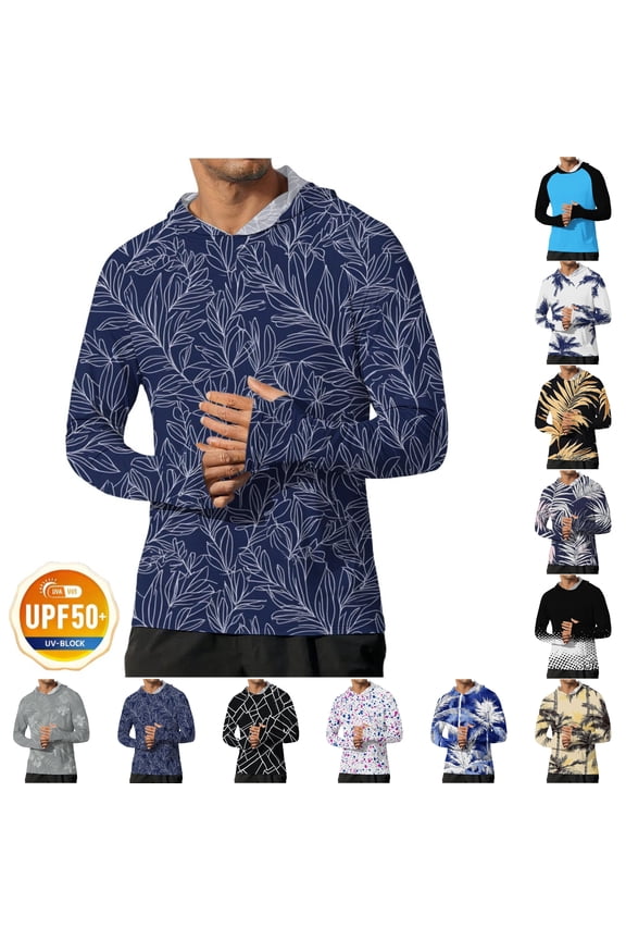 Men's UPF 50+ Long Sleeve Hooded Rash Guard, Sun Protection Quick Dry Swim Shirt with Thumb Holes