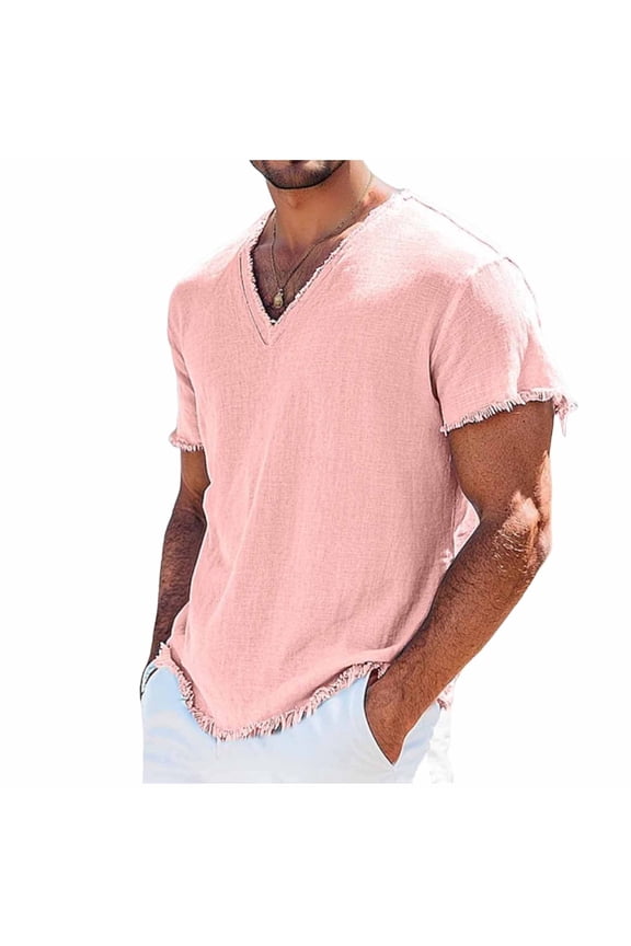 Men's Vintage Distressed Frayed Hem T-Shirt, V-Neck Linen Short Sleeve Casual Comfy Summer Tee