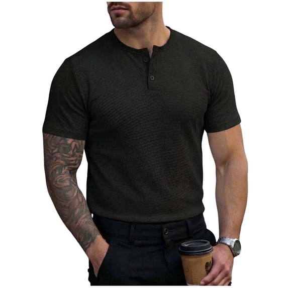 Rvwovn Men's Waffle Knit Henley T-Shirt, Short Sleeve Button Crew Neck Casual Tee Basic Solid Top